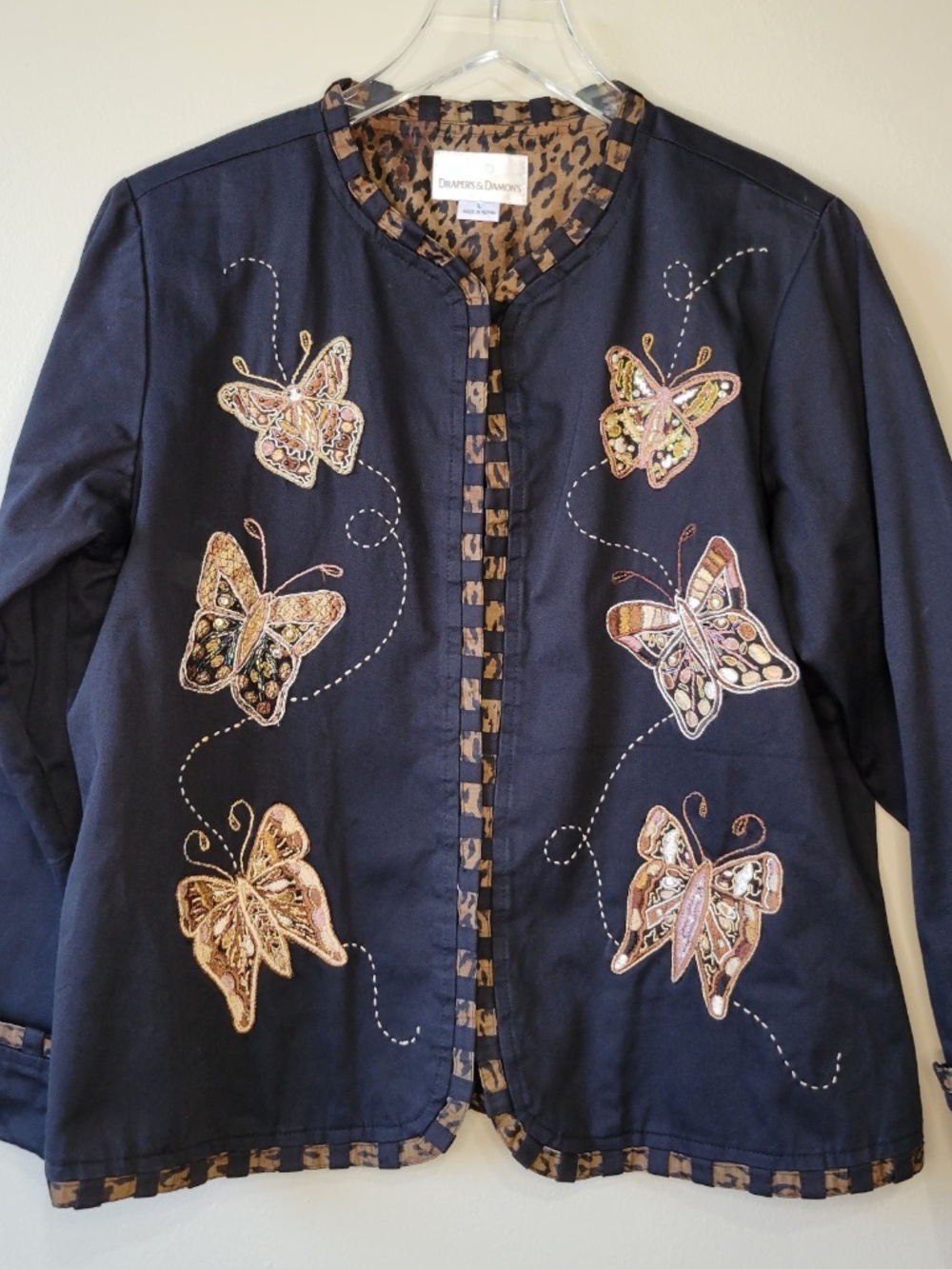 Draper's & Damon's Women's Black Beaded Embroidered Butterfly Jacket Blazer Sz L